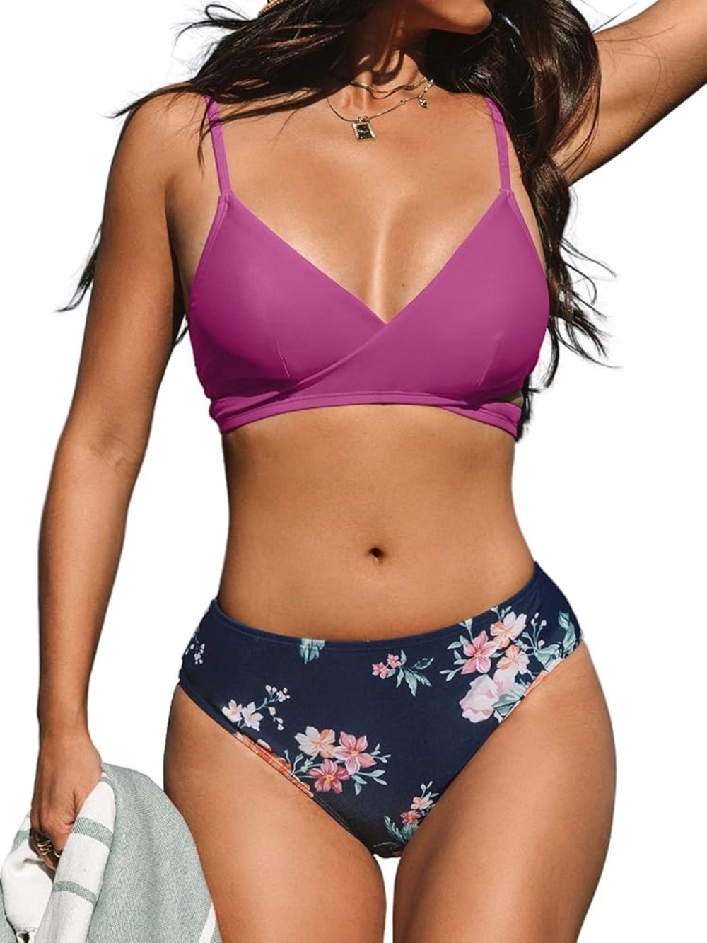 Black Wrap Bikini Top with Black Floral High-Waist Bottoms